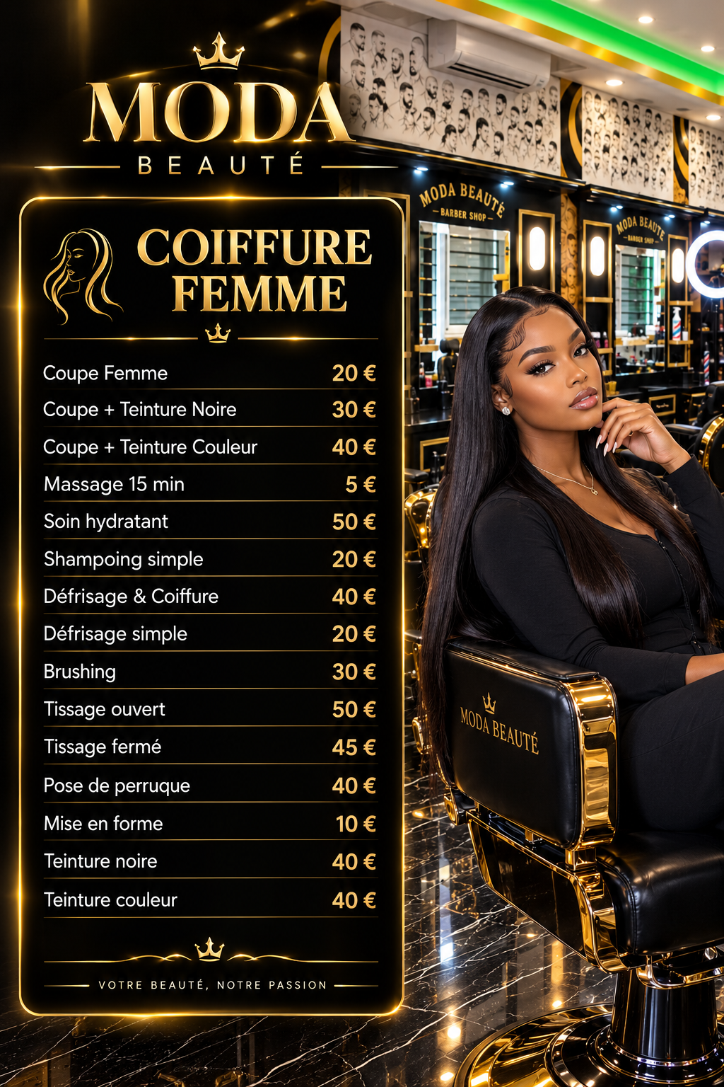 Affiche de nos prestations femmes avec tarifs